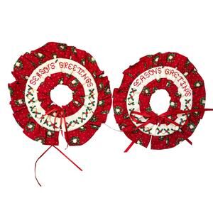 Finished Cross Stitch Christmas Hand Sewn Fabric Wreaths 9" Seasons Greetings